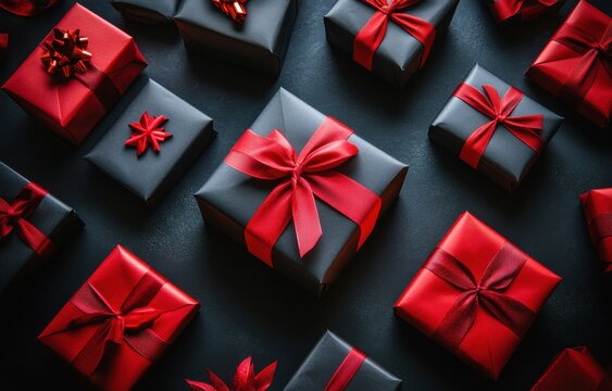 Elegant black and red gift boxes with ribbons on dark background