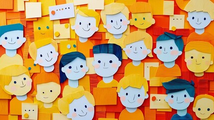 Vibrant online study group represented in a layered paper cut grid design featuring colorful faces and text bubbles symbolizing digital modern education