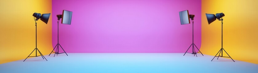 Fototapeta premium Modern photography studio setup featuring professional lighting equipment and vibrant pink, yellow, and blue gradient backdrops for creative shoots.