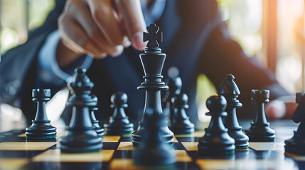 Businessmans hands move chess figures and checkma