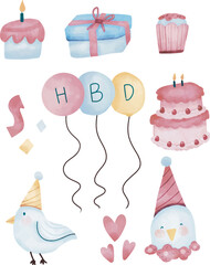 Hand drawn watercolor clip art set of birthday party with cake, balloons, cute birds, pastel birthday set. Birthday party clip art, birthday essentials, birthday design elements,   Birthday invite