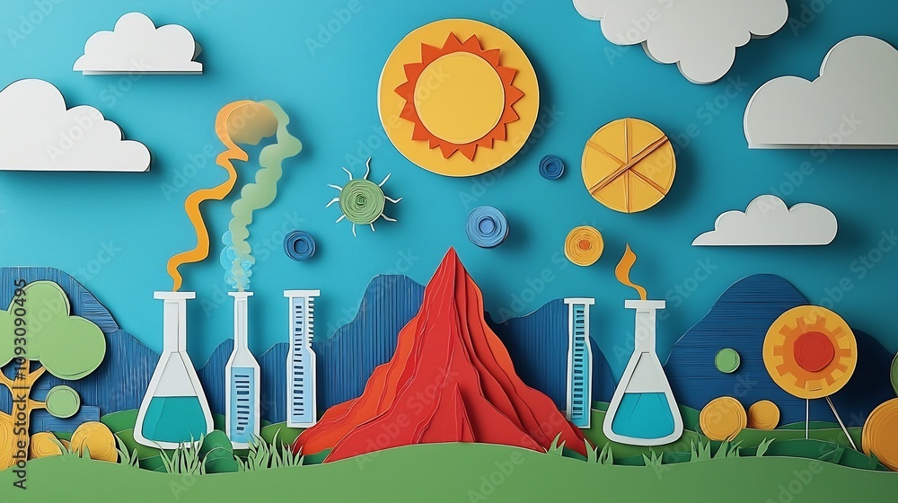 Poster Vibrant paper cut depicting the scene of a lively science fair with tables displaying various science projects like volcano models chemical reactions and solar system displays