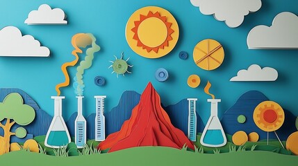 Vibrant paper cut depicting the scene of a lively science fair with tables displaying various science projects like volcano models chemical reactions and solar system displays