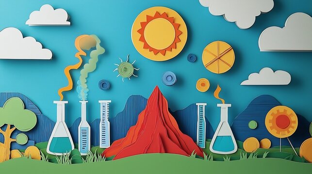 Vibrant paper cut depicting the scene of a lively science fair with tables displaying various science projects like volcano models chemical reactions and solar system displays