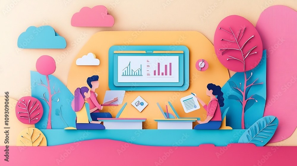 Poster vibrant paper cut design depicting a digital classroom setting with students participating in a vide