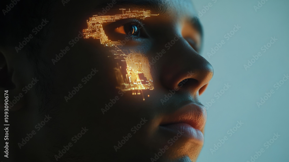 Aufkleber a man with a digital circuitry overlay projected on his face, reflecting innovation and technology i