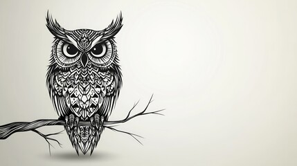 An owl rests on a branch, its intricate feather designs and piercing eyes highlighted against a soft, neutral backdrop, creating an artistic focal point