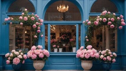 Romantic blue flower shop window with arches windows and pink peonies
