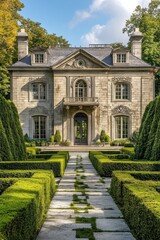 Obraz premium Elegant Villa Surrounded by Lush Greenery Showcases Classic Architecture and Manicured Gardens in a Serene Setting