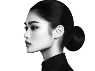 Stylish portrait of a woman with ponytail in black shirt against dark background