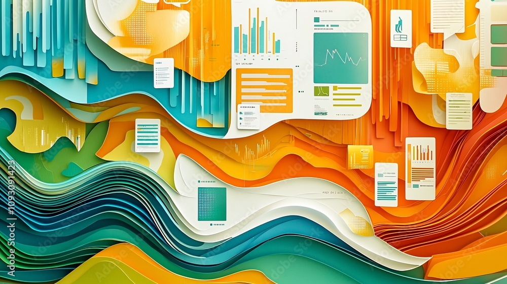 Poster vibrant paper cut design showcasing digital advertising performance through layered charts glowing m
