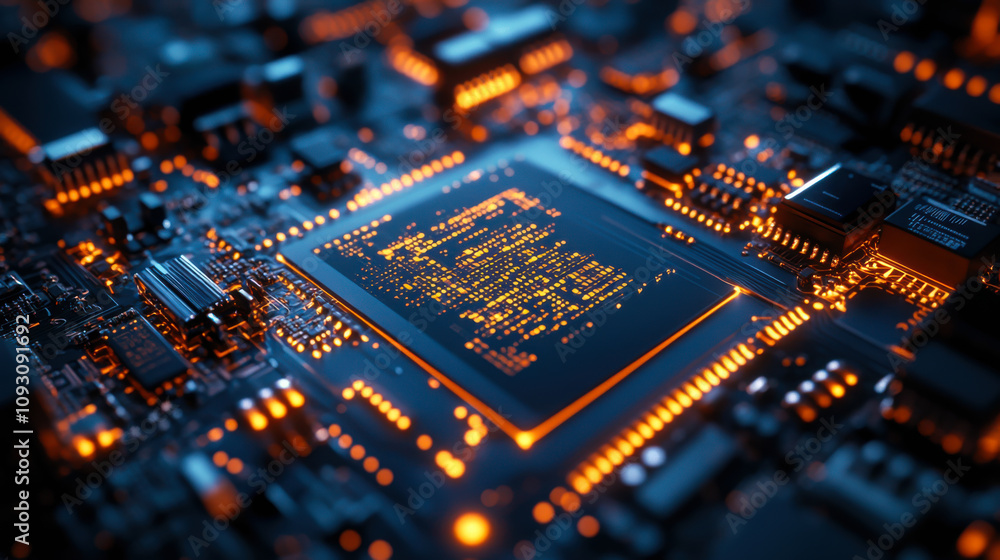 Poster close-up view of a glowing microchip on a circuit board showcasing intricate designs and lighting ef