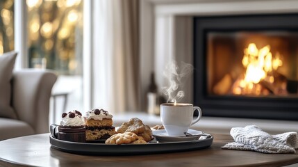 A tray of cookies and cake sits on a table next to a fireplace