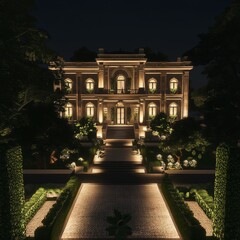 Majestic Mansion Illuminated at Night Showcases Exquisite Architecture Amidst Lush Greenery and Elegant Landscaping