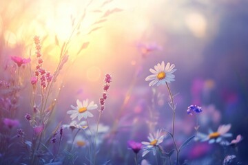 Sunlit Wildflowers Bloom In Soft Pastel Meadow