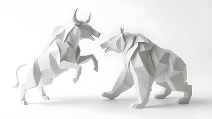 two paper sculptures of a bull and a bear. Financial Strategies. Concept of stock market exchange or financial. 3d illustration.