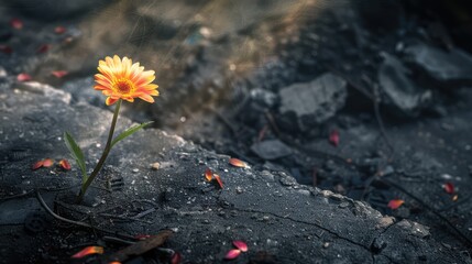 Solitary flower flourishing in the devastation of urban ruins