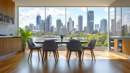 Obraz premium Captivating City Skyline View From a Modern Dining Space Filled With Natural Light and Stylish Decor Overlooking Lush Greenery
