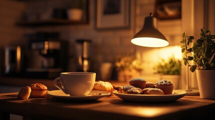 A table with a cup of coffee and a plate of pastries