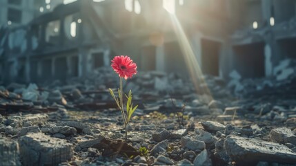 Vibrant blossom rising from the ashes of a destroyed urban landscape