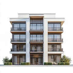 Fototapeta premium Modern Residential Building Surrounded by Greenery, Showcasing Sleek Design and Inviting Balconies in a Sunny Urban Setting