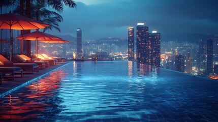 Obraz premium A peaceful night at a luxury infinity pool, edge blending seamlessly into the cityscape, gentle ripples in the water reflecting colorful city lights, stylish lounge chairs and umbrellas by the pool,