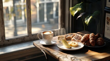 A plate of food and a cup of coffee sit on a wooden table by a window