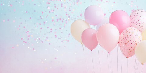 Multicolored helium balloons on senery ribbons on the background of beautiful confetti bursts.  Banner background with festive decor and space for text