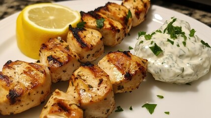 Grilled chicken skewers with lemon and herb yogurt sauce for summer bbq