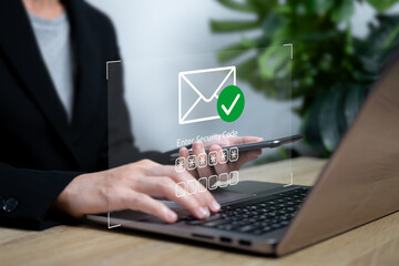 Two-factor authentication, Two-tier encryption concept, Business Woman receives security code...