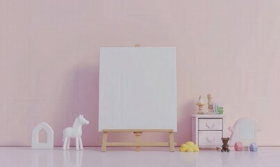 A pink children's room with a blank canvas on an easel, pink rug, wooden toys, and a white cabinet