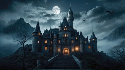 A majestic castle under the full moon, surrounded by misty mountains and barren trees, evoking a dark, mysterious, and gothic atmosphere