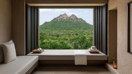 Serene Mountain View from Modern Hotel Room with Cozy Bench and Natural Light Streaming Through Large Window Creating an Inviting Atmosphere