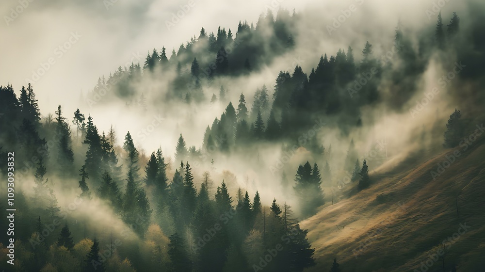 Aufkleber mystical misty forest: a dramatic view of pine trees enveloped in fog, creating an enchanting atmosp