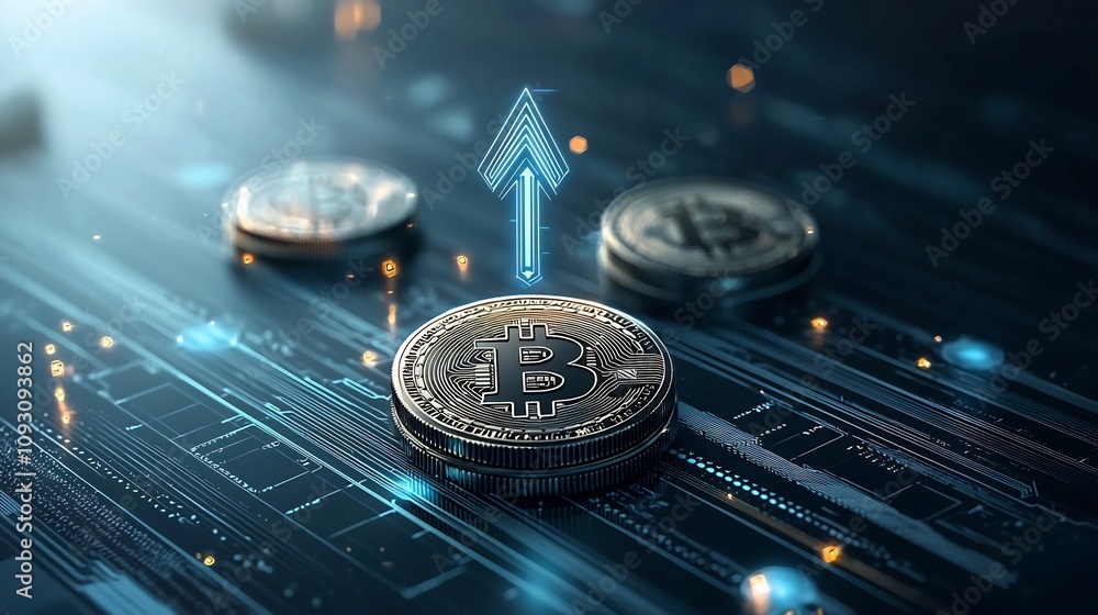 Poster bright glowing arrow pointing upward exuding speed and energy over a futuristic abstract bitcoin cry