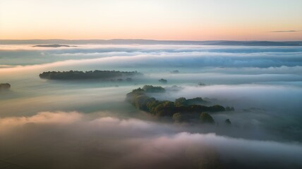 Fototapeta premium Enchanting Misty Landscape: Aerial View of Rolling Hills and Lush Trees Veiled in Serene Fog Beneath a Soft Sunrise