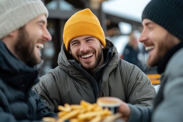 Three friends share laughs and delicious fries while enjoying each other's company in a winter setting, showcasing their happiness and connection.