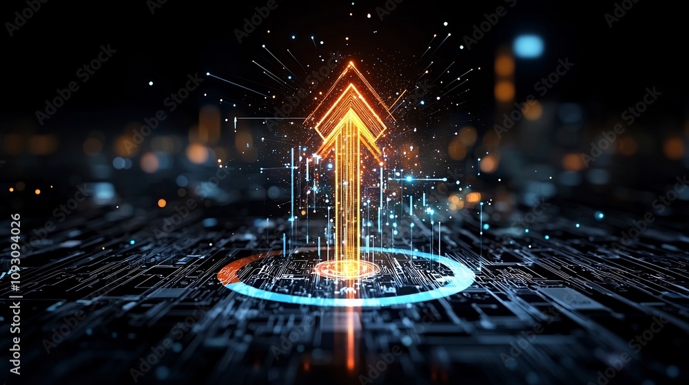 Poster radiant upward arrow bursting with vibrant digital energy and light over a glowing crypto inspired b