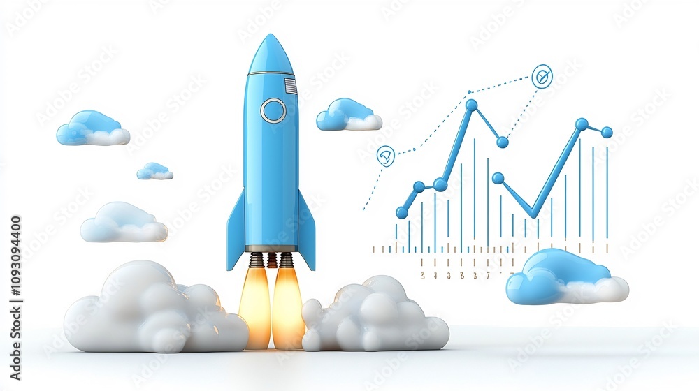Poster Blue rocket taking off with glowing blue and white clouds accompanied by a rising graph symbolizing growth success and progress on a clean white background  Conceptual image representing innovation