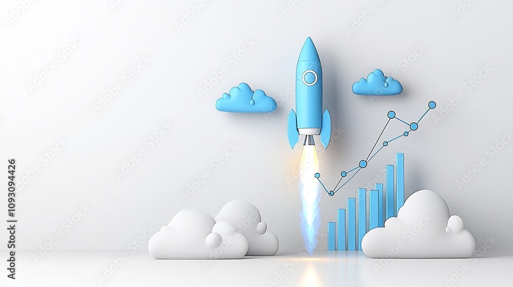 Poster powerful blue rocket launching skyward accompanied by a rising financial growth graph on a clean whi