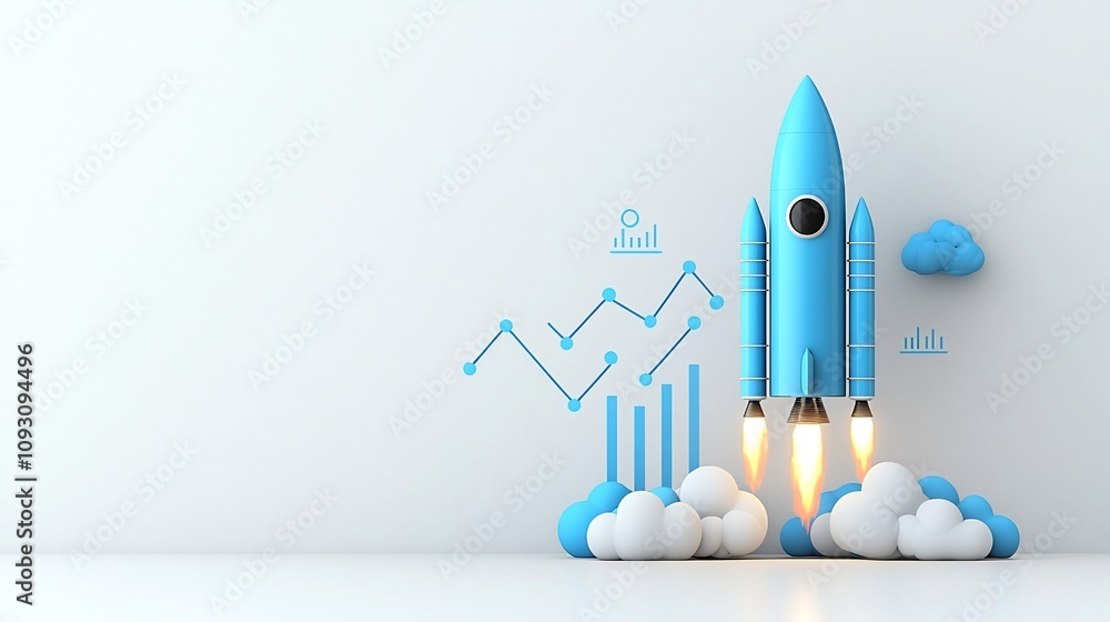 Aufkleber Blue rocket launching with glowing blue and white clouds accompanied by a rising graph symbolizing growth progress and success on a clean white background  Conceptual image representing innovation