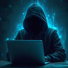 Hacker Laptop, cybersecurity, scammer, Ethical hack, Hacker in Hoodie Working on Laptop, Cyber attack process with hacker