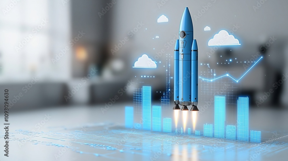 Poster futuristic blue rocket ascending with glowing white and blue clouds rising graph lines signifying su