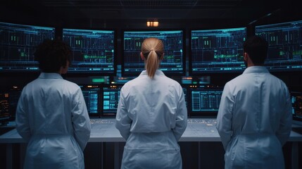 Team of Scientists in Laboratory Analyzing Data on Multiple Computer Screens in Modern Research Facility with Advanced Technology