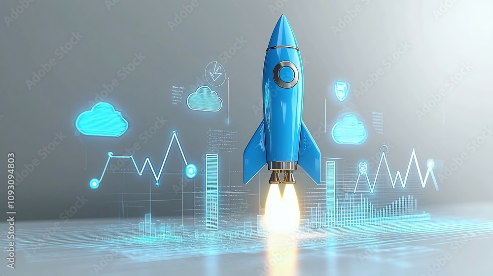 Aufkleber glowing blue rocket launching brightly against a white backdrop with rising graph lines and luminous