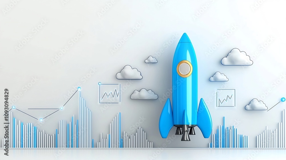 Poster Powerful blue rocket launching into the sky with glowing graph lines and luminous clouds symbolizing growth success and rising business trends on a clean white backdrop