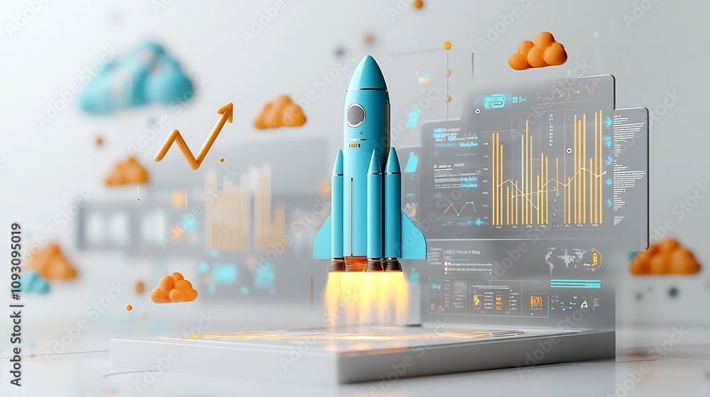 Poster dynamic 3d rendering of a glowing blue rocket surrounded by vibrant clouds and an upward arrow graph