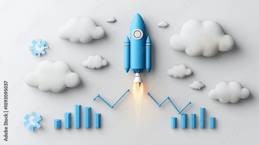 Poster dynamic blue rocket ascending amidst glowing clouds surrounded by an upward trending graph line sign