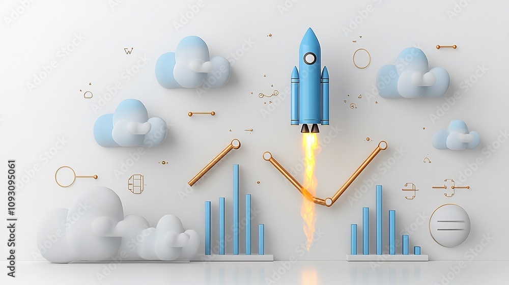 Aufkleber Blue rocket ascending against a background of glowing clouds surrounded by an upward graph line signifying progress and success on a modern white canvas  This image represents concepts of technology