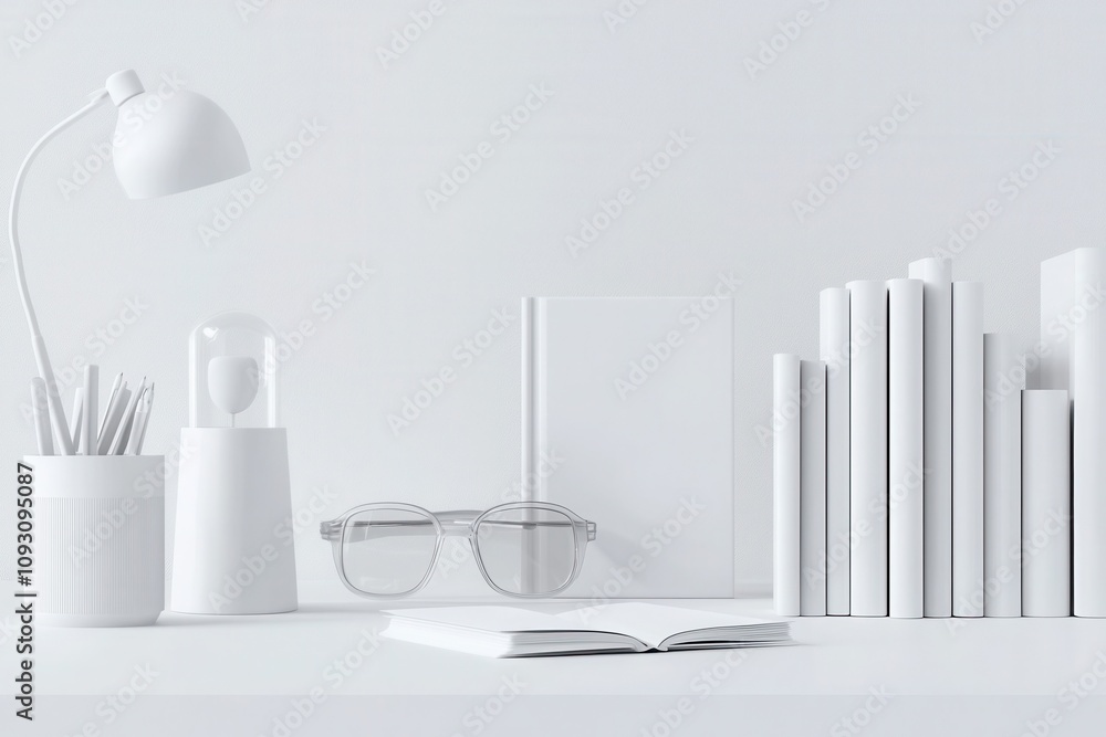 Poster all-white learning environment with glowing virtual elements modern workspace minimalist design stud